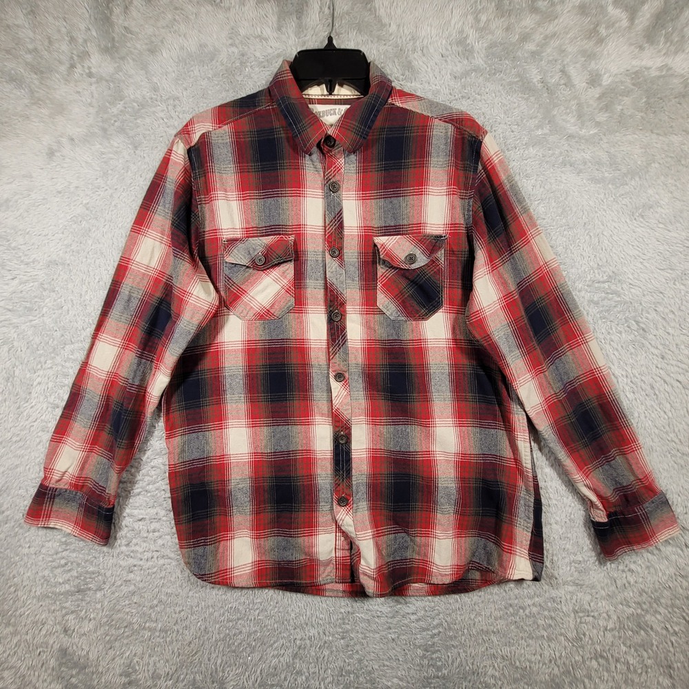 Roebuck & Co Flannel Shirt Mens Large Red Plaid Cotton Long Sleeve Button Down